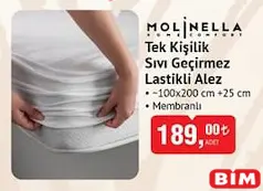 MOLİNELLA TEK KİŞİLİK SIVI GEÇİRMEZ LASTİKLİ ALEZ
